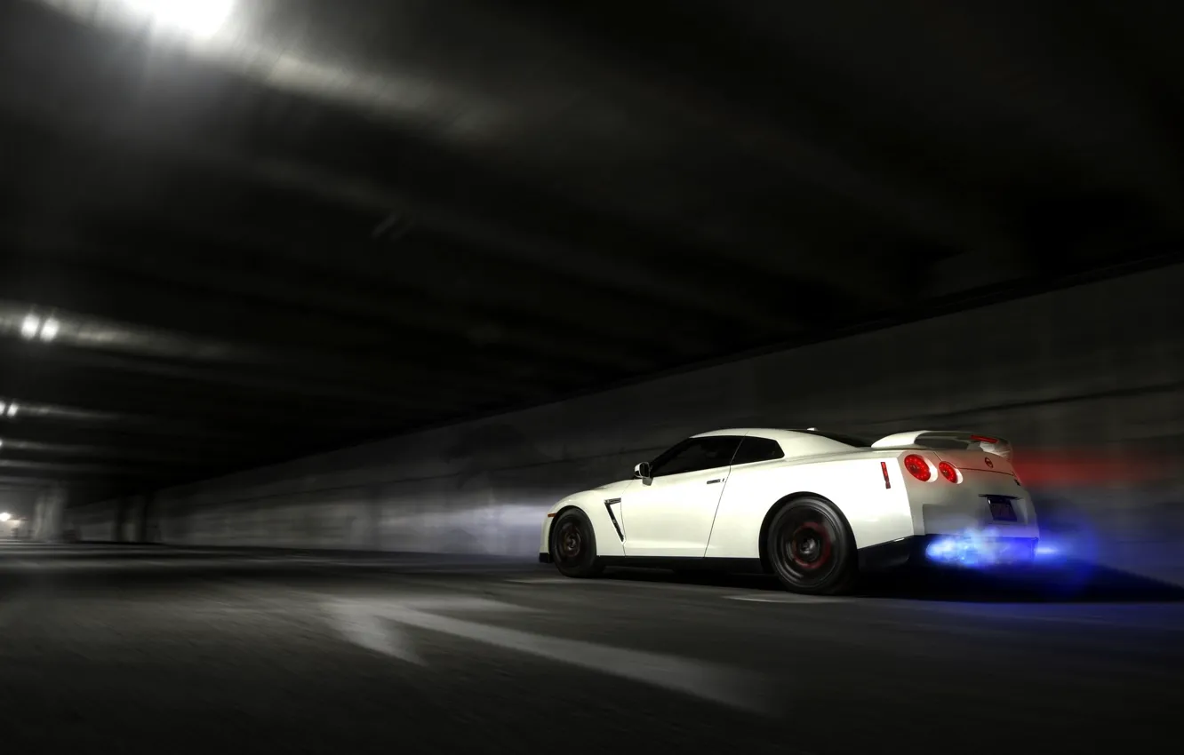 Photo wallpaper the tunnel, in motion, Nissan, nissan gt-r
