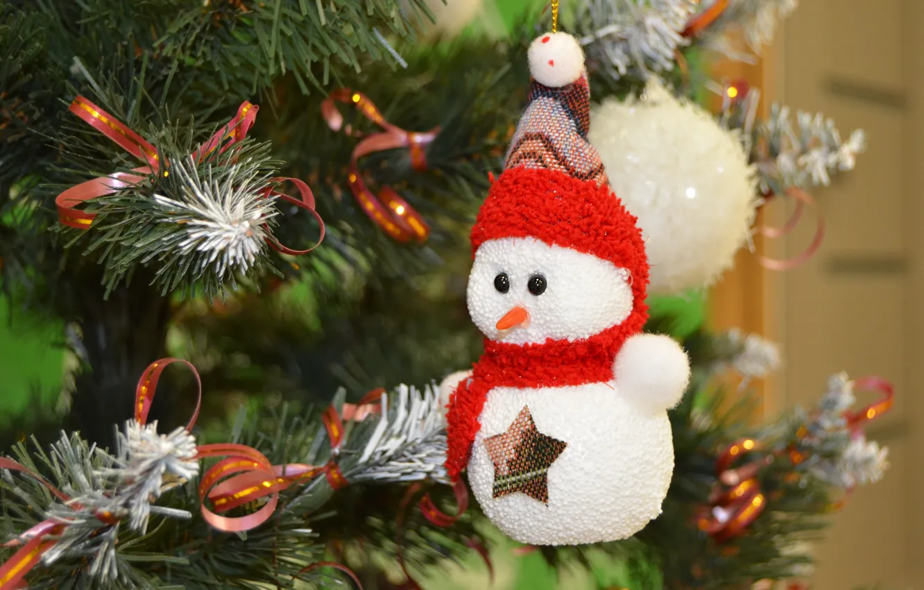 Photo wallpaper holiday, Christmas, New year, snowman, needles, Christmas decorations, Christmas tree