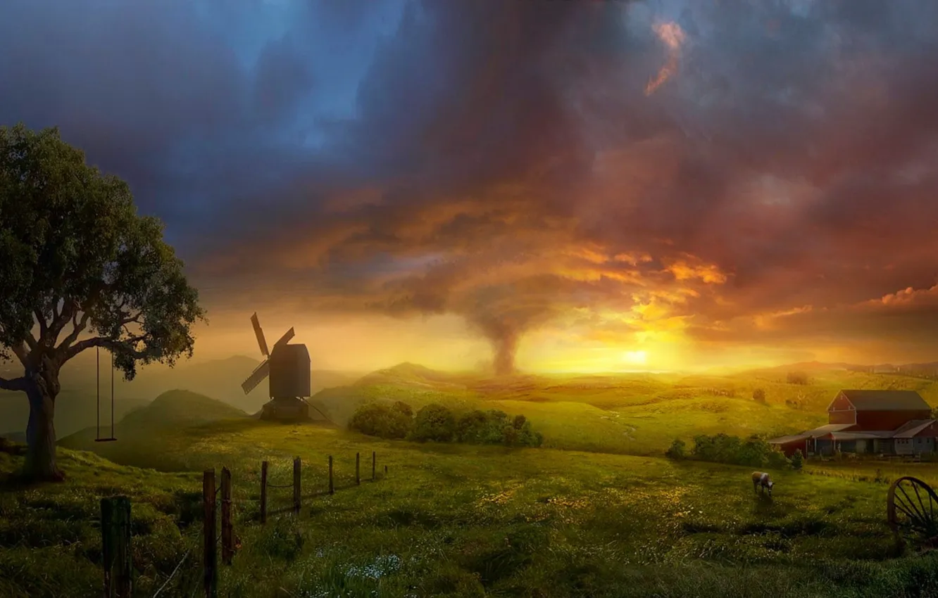 Photo wallpaper field, swing, storm, mill, tornado
