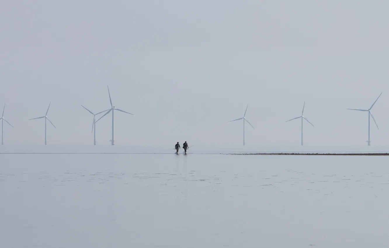 Photo wallpaper sea, fog, windmills, fishermen