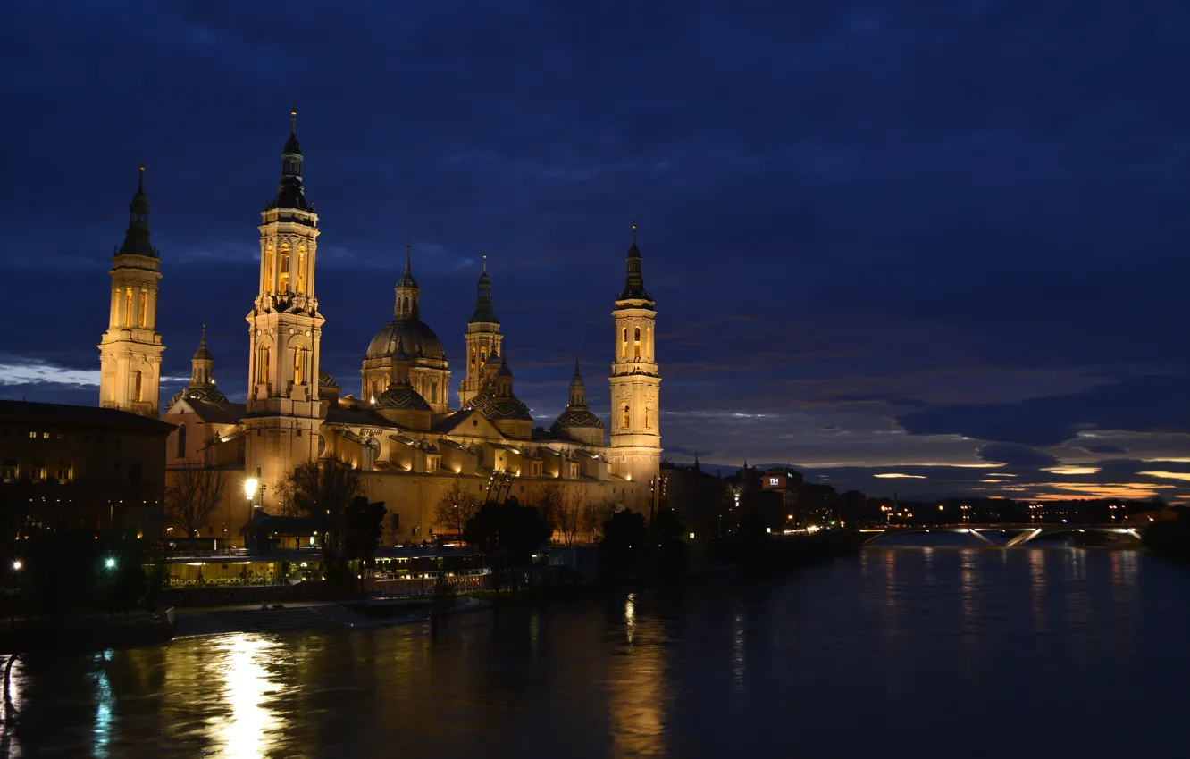 Photo wallpaper night, river, Spain, Basilica, Zaragoza, Nuestra Señora del Pilar