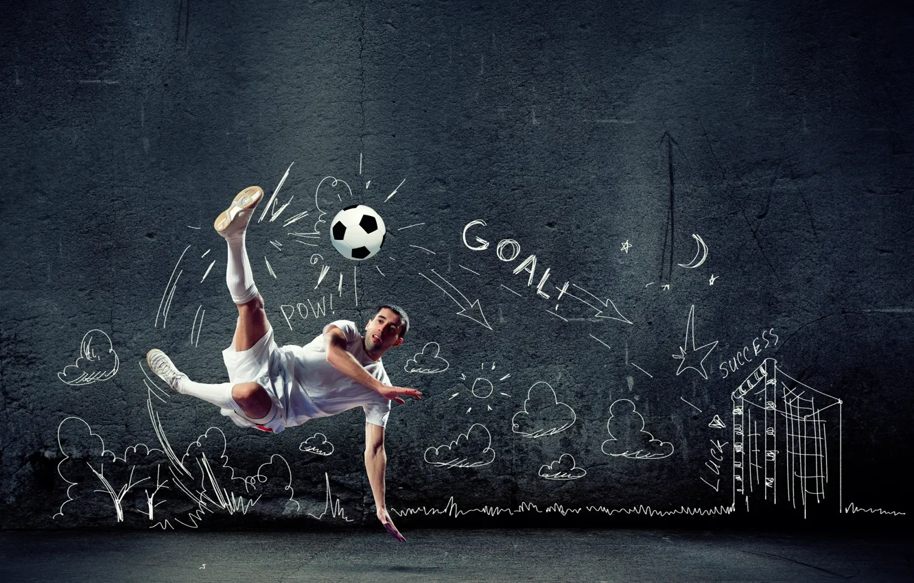Photo wallpaper creative, background, wall, jump, football, the game, shorts, the ball