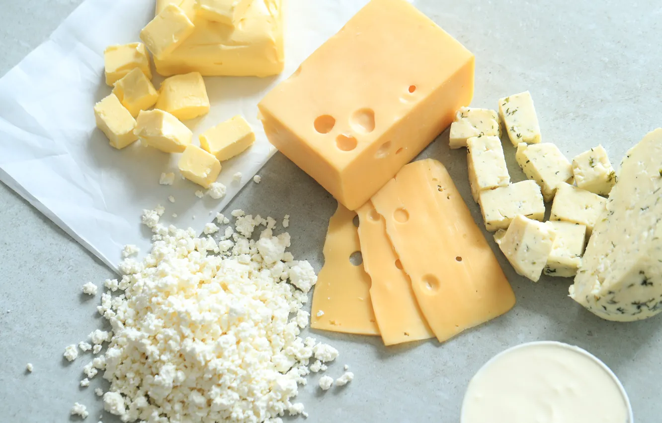 Photo wallpaper paper, table, cubes, food, cheese, bowl, light background, holes