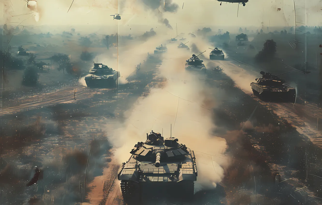 Photo wallpaper retro, smoke, dust, tank, helicopter, digital art, AI art, The Art of Artificial Intelligence