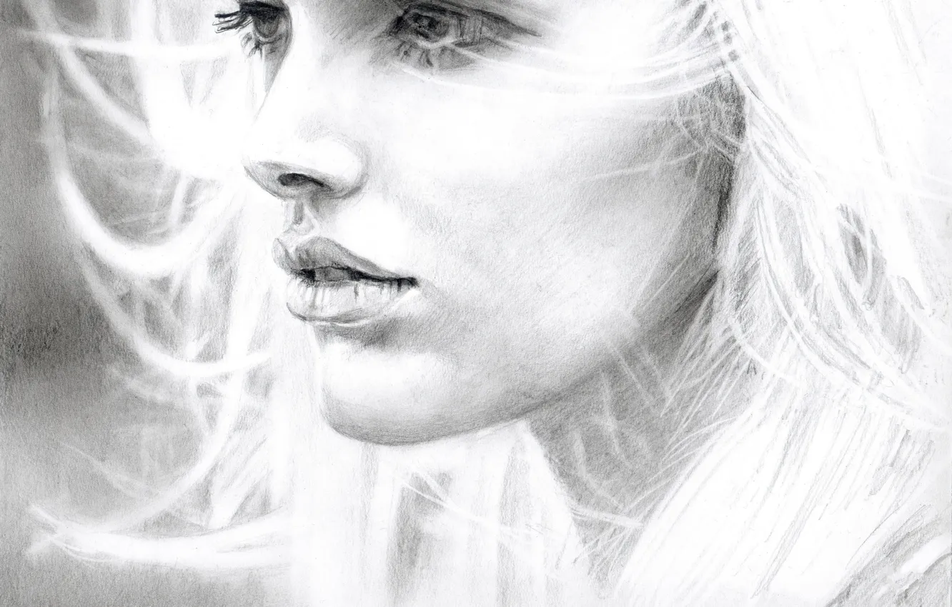Photo wallpaper girl, face, hair, pencils, art, black and white, beautiful, closeup