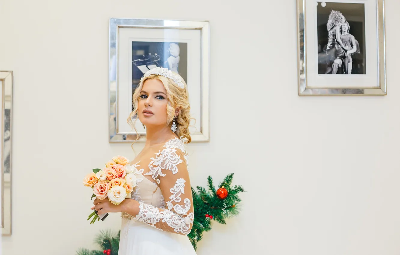 Photo wallpaper girl, flowers, hair, dress, beauty, the bride