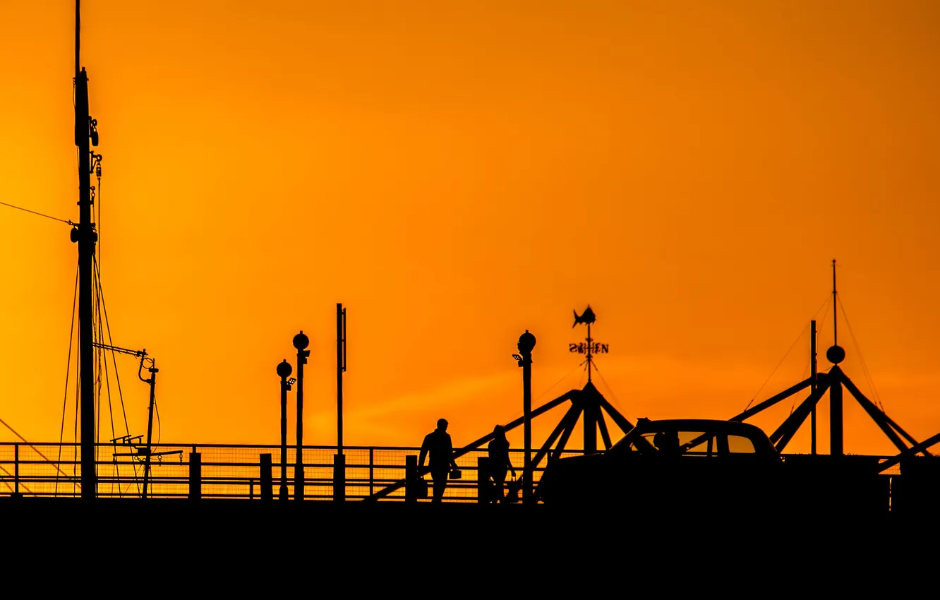Photo wallpaper the sky, sunset, bridge, people, silhouette, car
