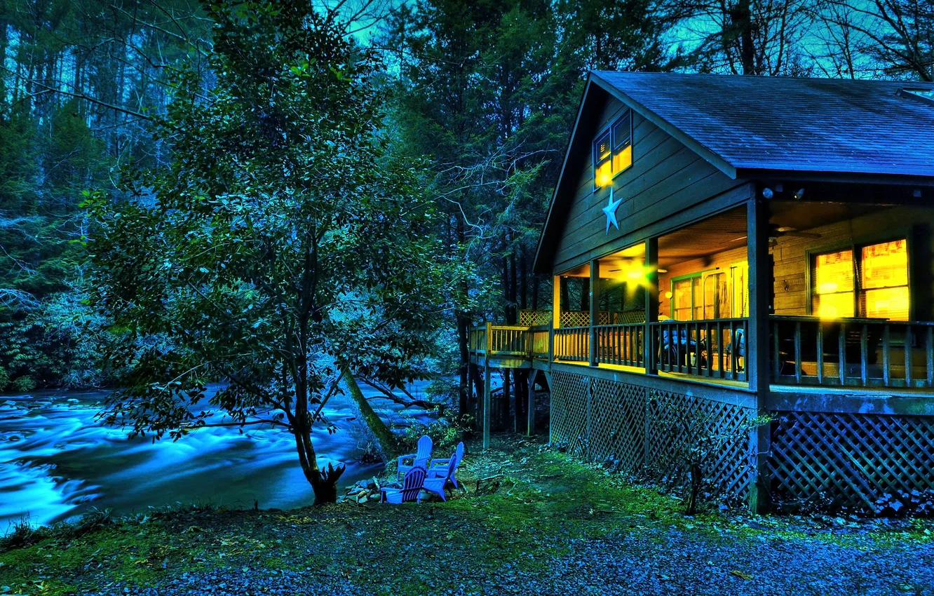 Photo wallpaper forest, trees, river, home, the evening, chair, USA, Georgia