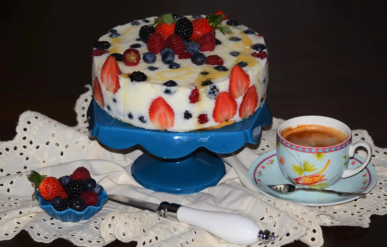 Photo wallpaper berries, coffee, cake
