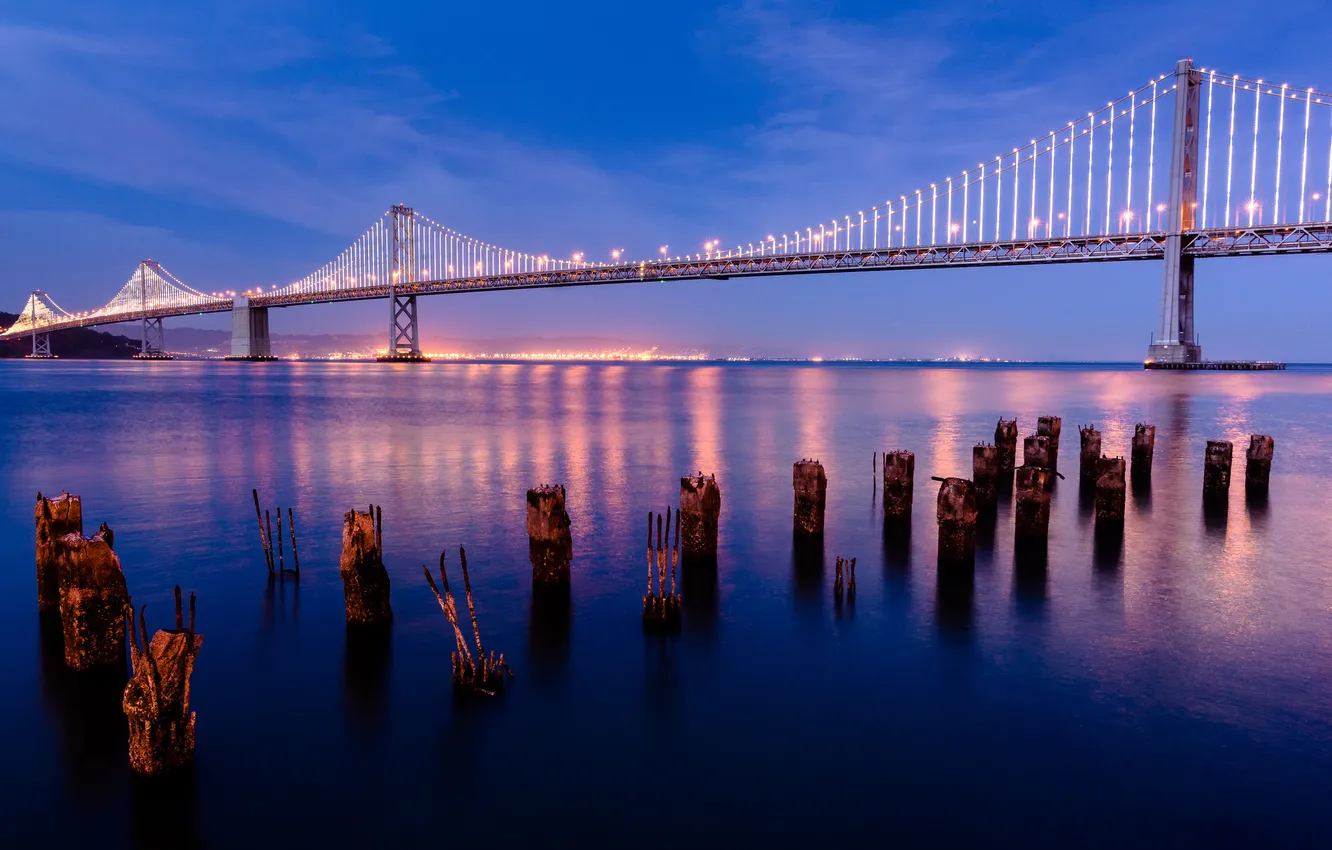 Photo wallpaper the sky, clouds, landscape, bridge, city, the city, Strait, blue