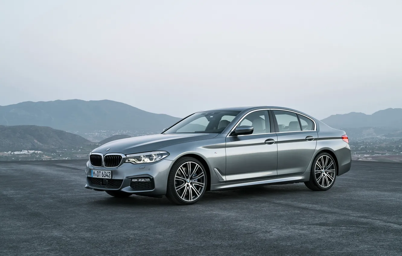 Photo wallpaper the sky, mountains, grey, BMW, sedan, side view, Playground, 540i