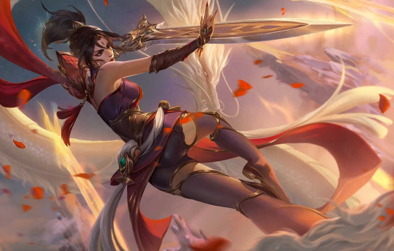 Photo wallpaper women, fighting, drawing, Video Game Art, Riven (League of Legends), Chuan C