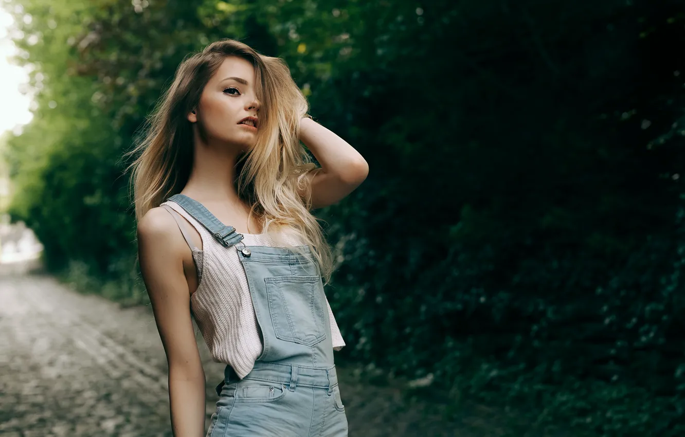 Photo wallpaper look, girl, face, hair, jumpsuit