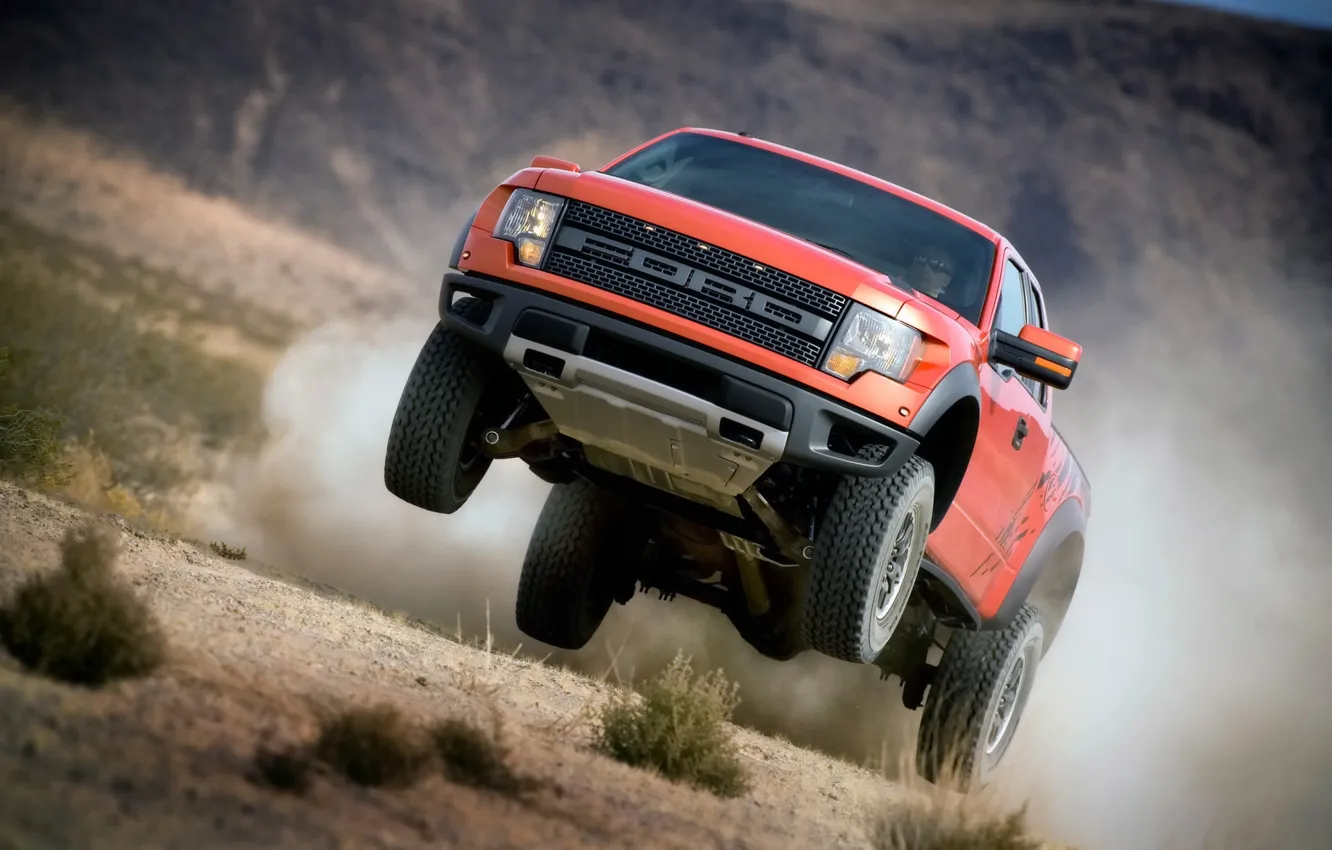 Photo wallpaper grass, Ford, dust, jeep, SUV, Ford, Raptor, pickup