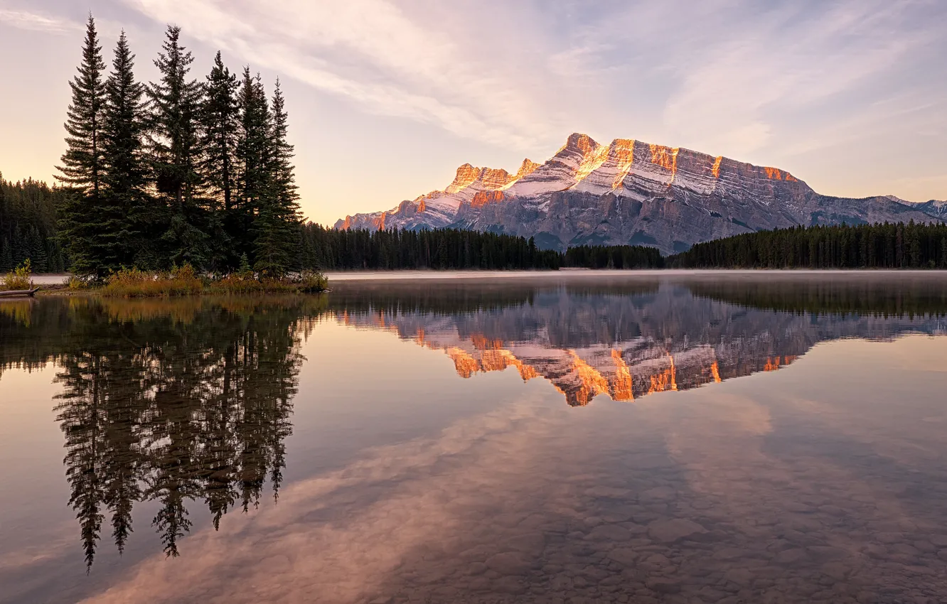 Photo wallpaper forest, the sky, clouds, mountains, lake, reflection, rocks, the bottom