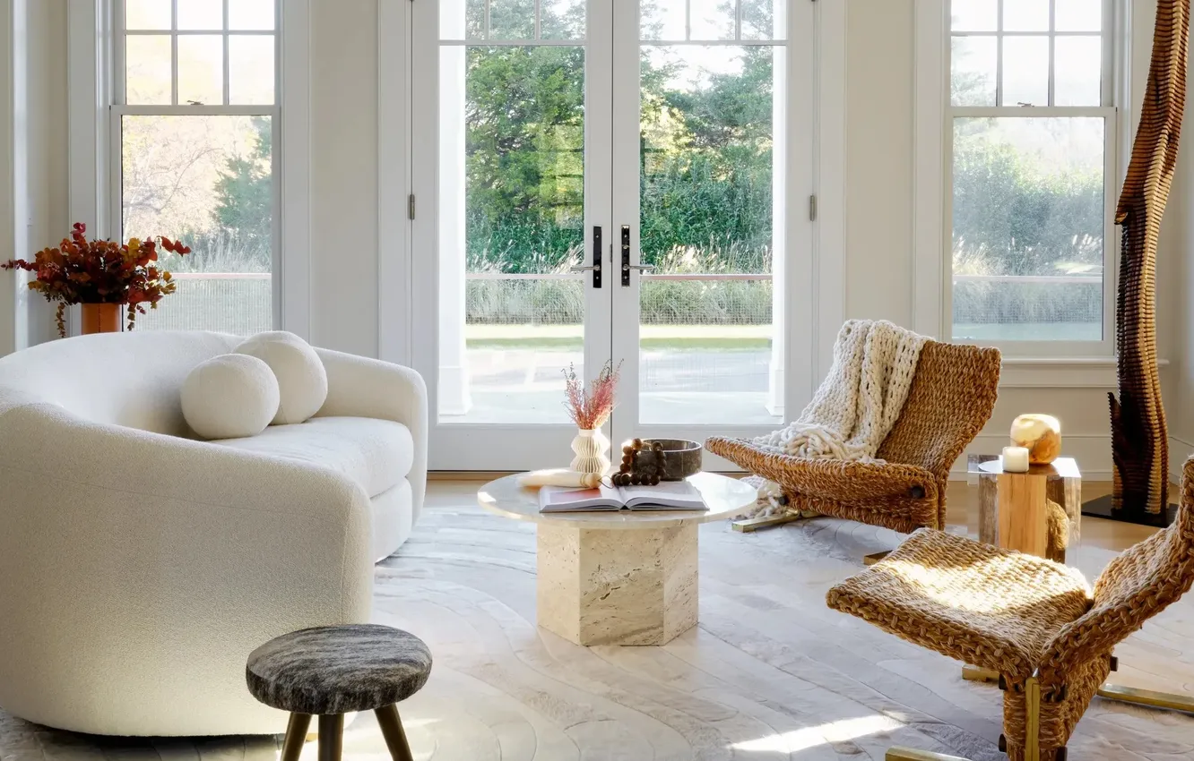 Photo wallpaper design, style, interior, bright room, upholstered furniture, living room with access to the terrace