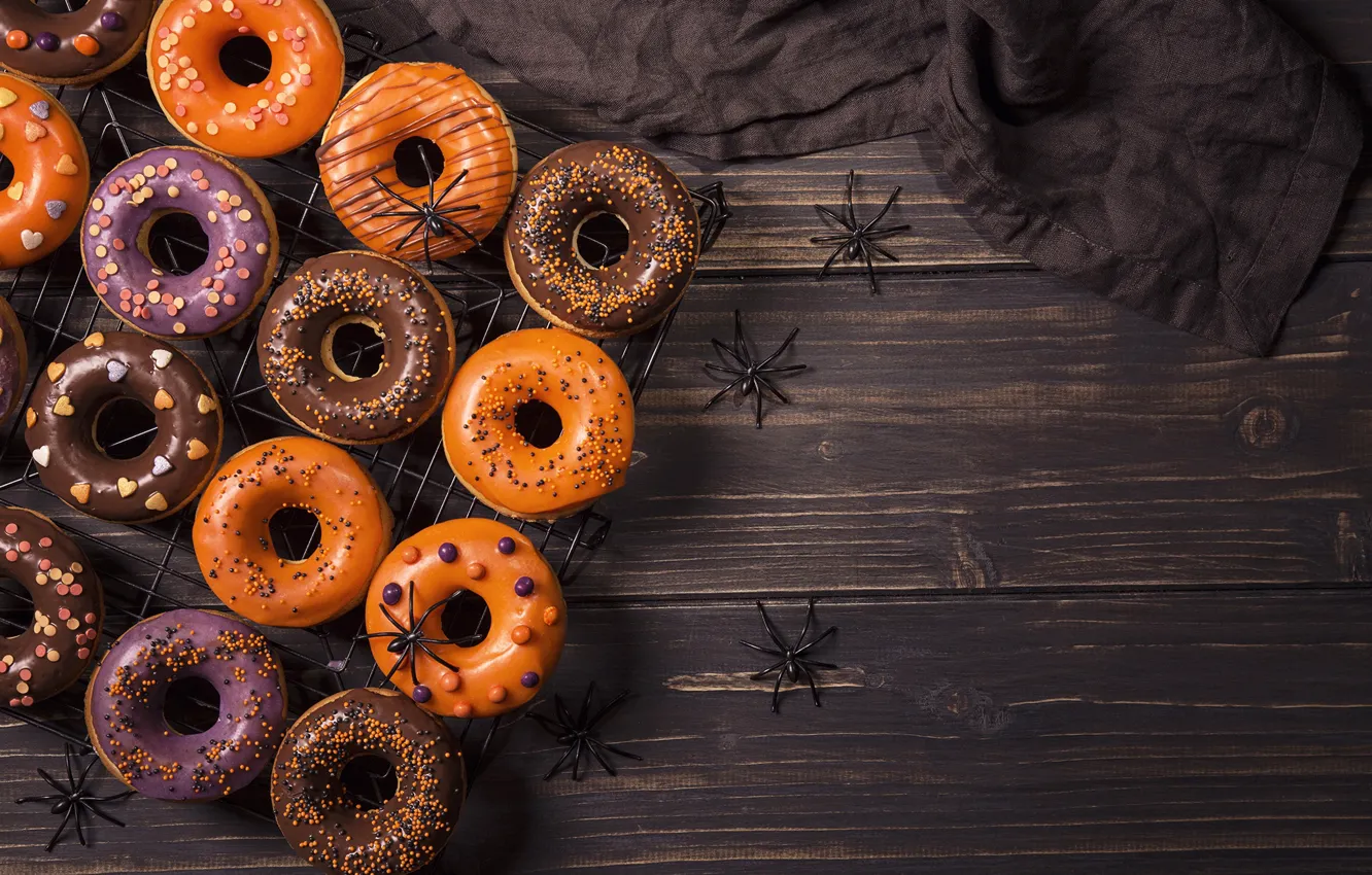 Photo wallpaper spiders, Halloween, Halloween, donuts, cakes, sweet, glaze
