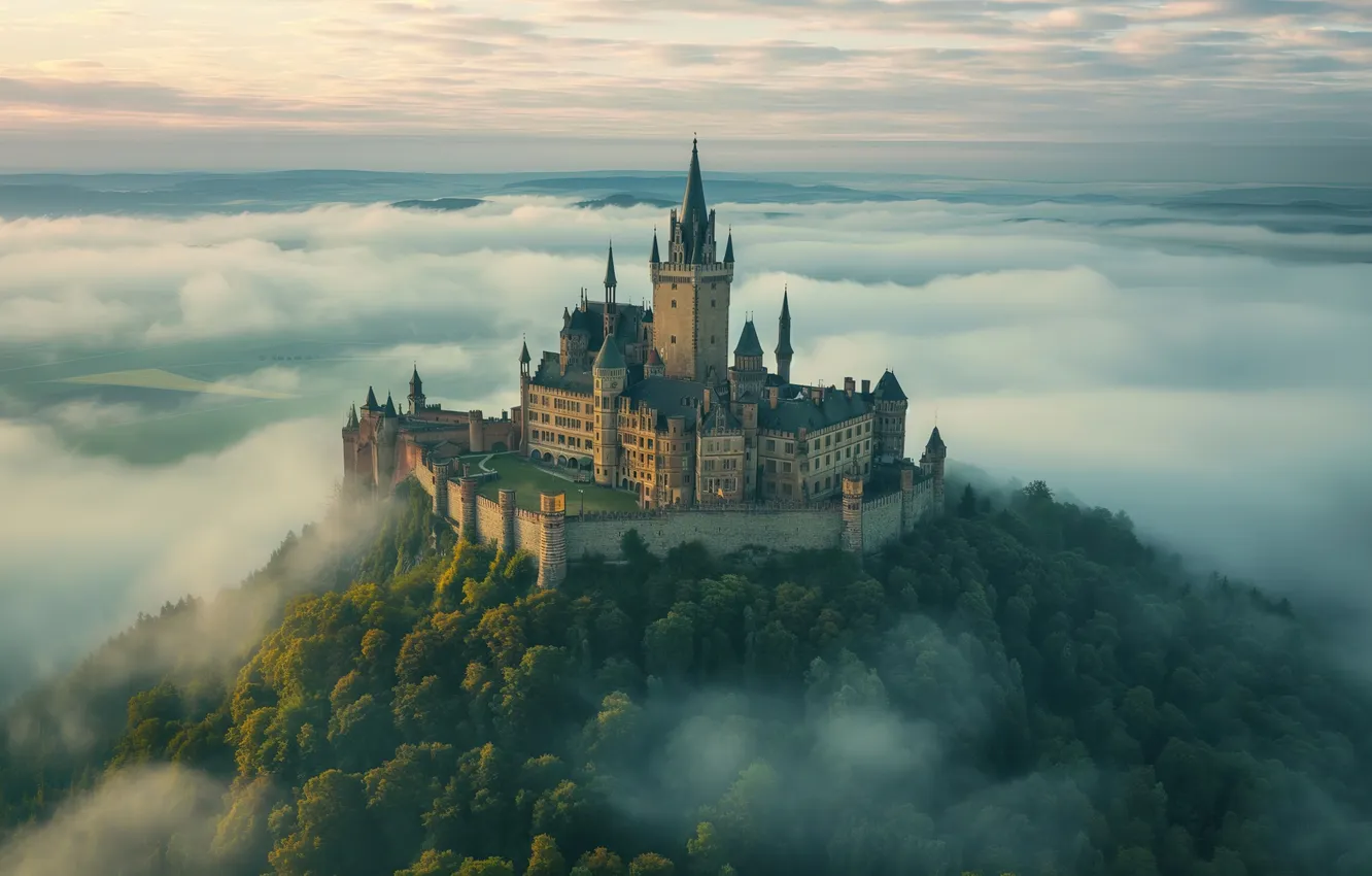 Photo wallpaper europe, fog, germany, castle, hohenzollern