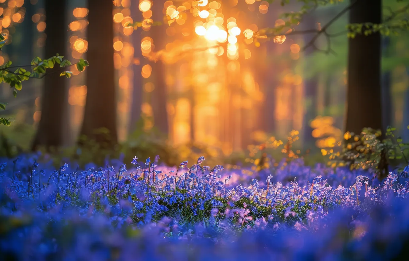 Photo wallpaper forest, the sun, light, trees, flowers, Park, glade, spring