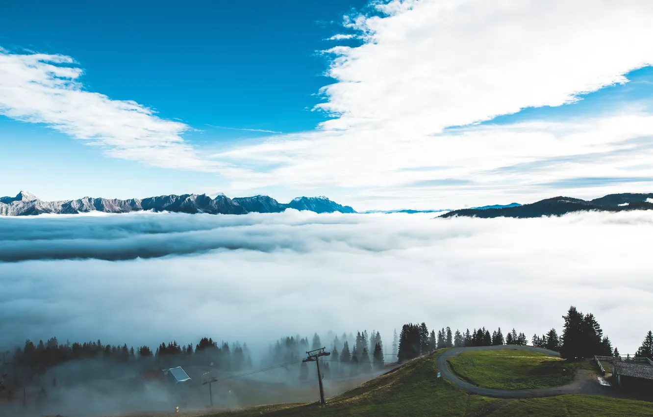 Photo wallpaper The sky, Nature, Clouds, Road, Mountains, Fog, Mountain, Landscape