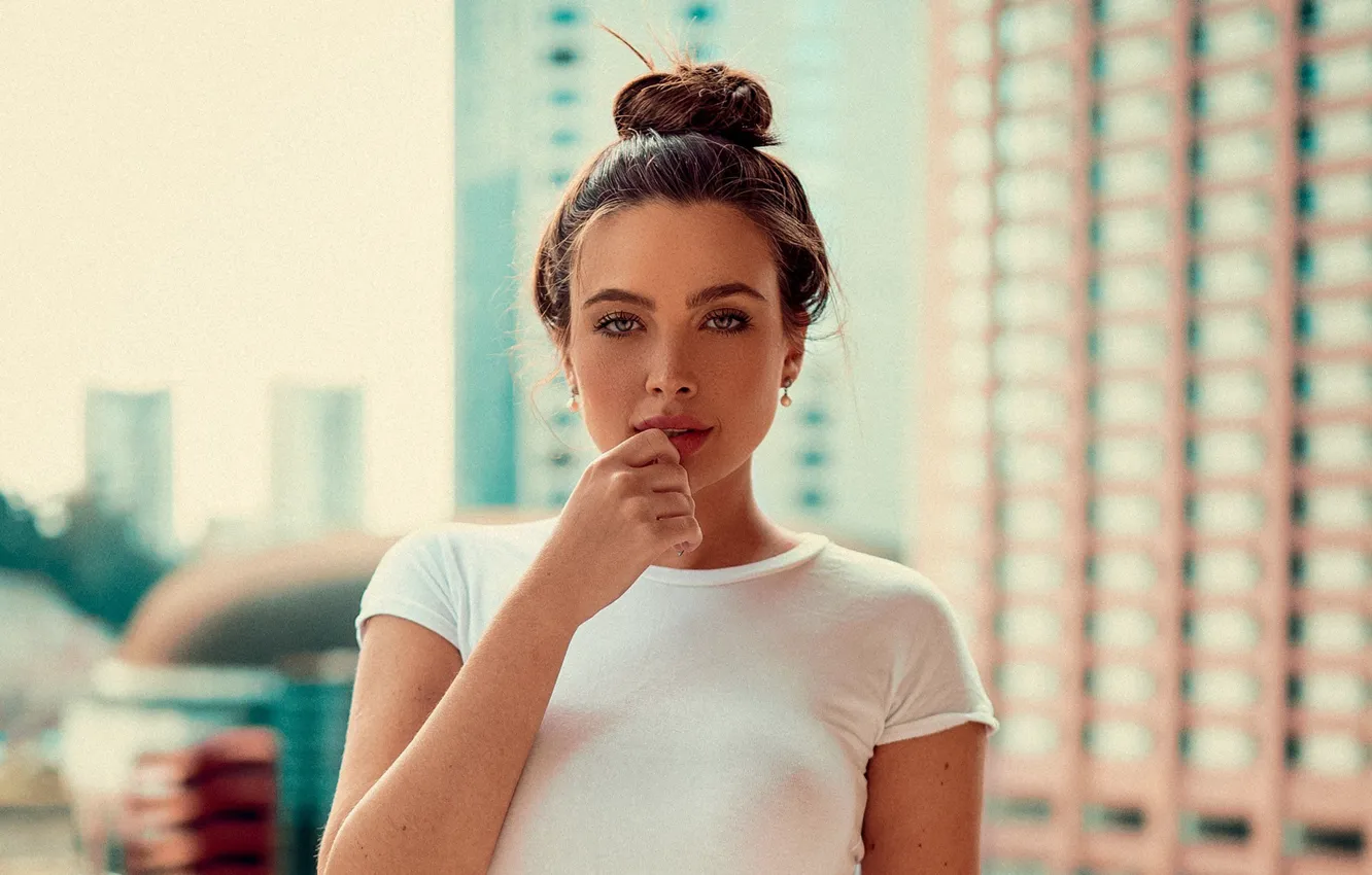 Photo wallpaper girl, brown hair, brown eyes, photo, model, bokeh, lips, face