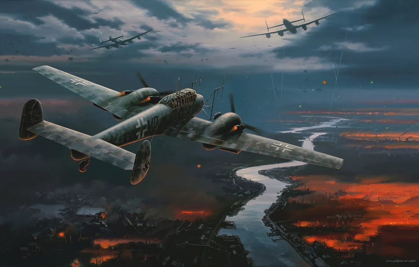 Photo wallpaper the plane, figure, bomber, the Germans, Luftwaffe, Nicolas Trudgian, Messerschmitt, night fighter
