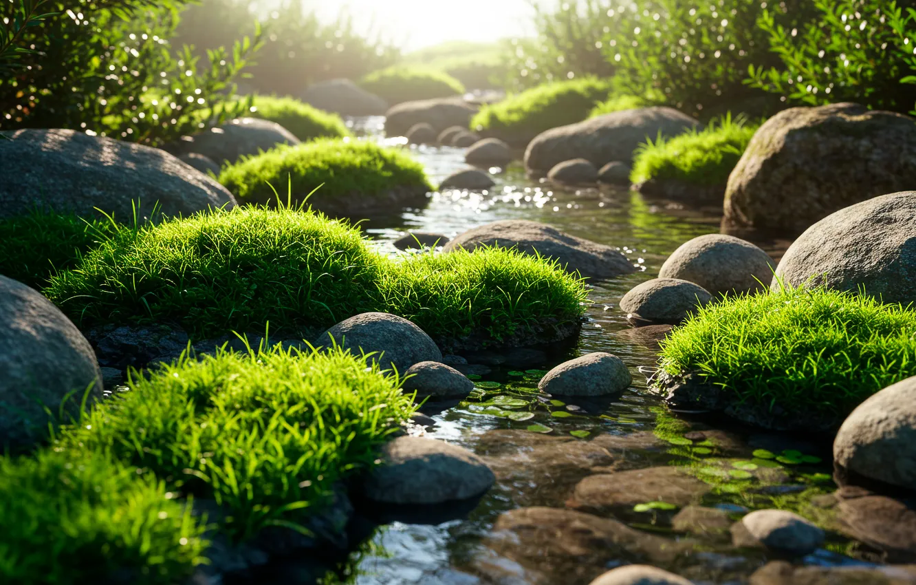 Photo wallpaper greens, grass, water, stream, stones, Wallpaper, moss, wallpaper
