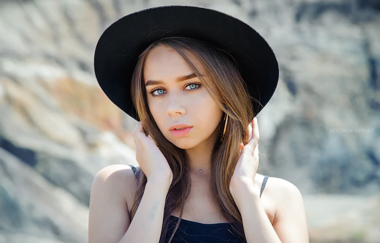 Photo wallpaper girl, long hair, hat, brown hair, photo, photographer, blue eyes, model