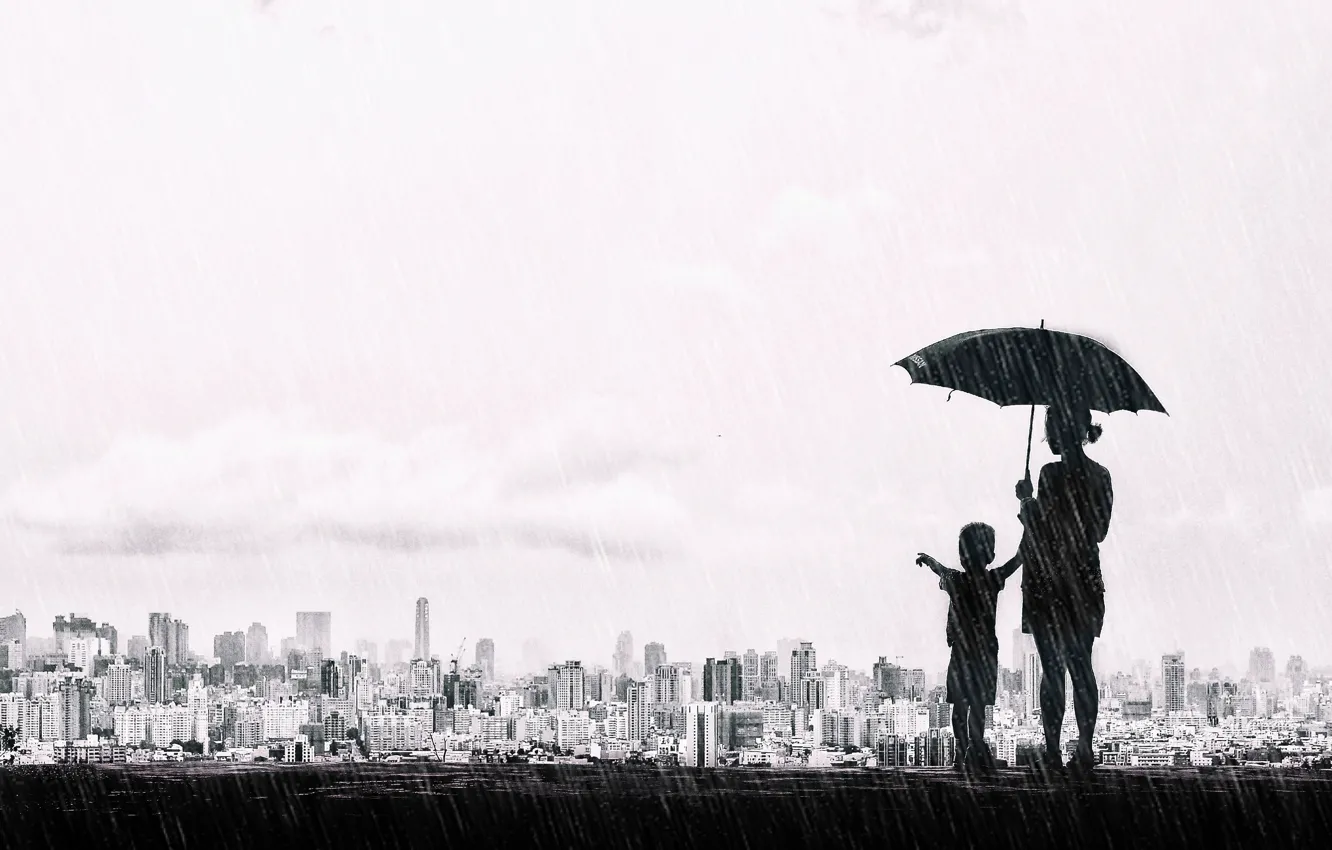 Photo wallpaper the city, umbrella, rain, mood, boy, black and white, panorama, Taiwan