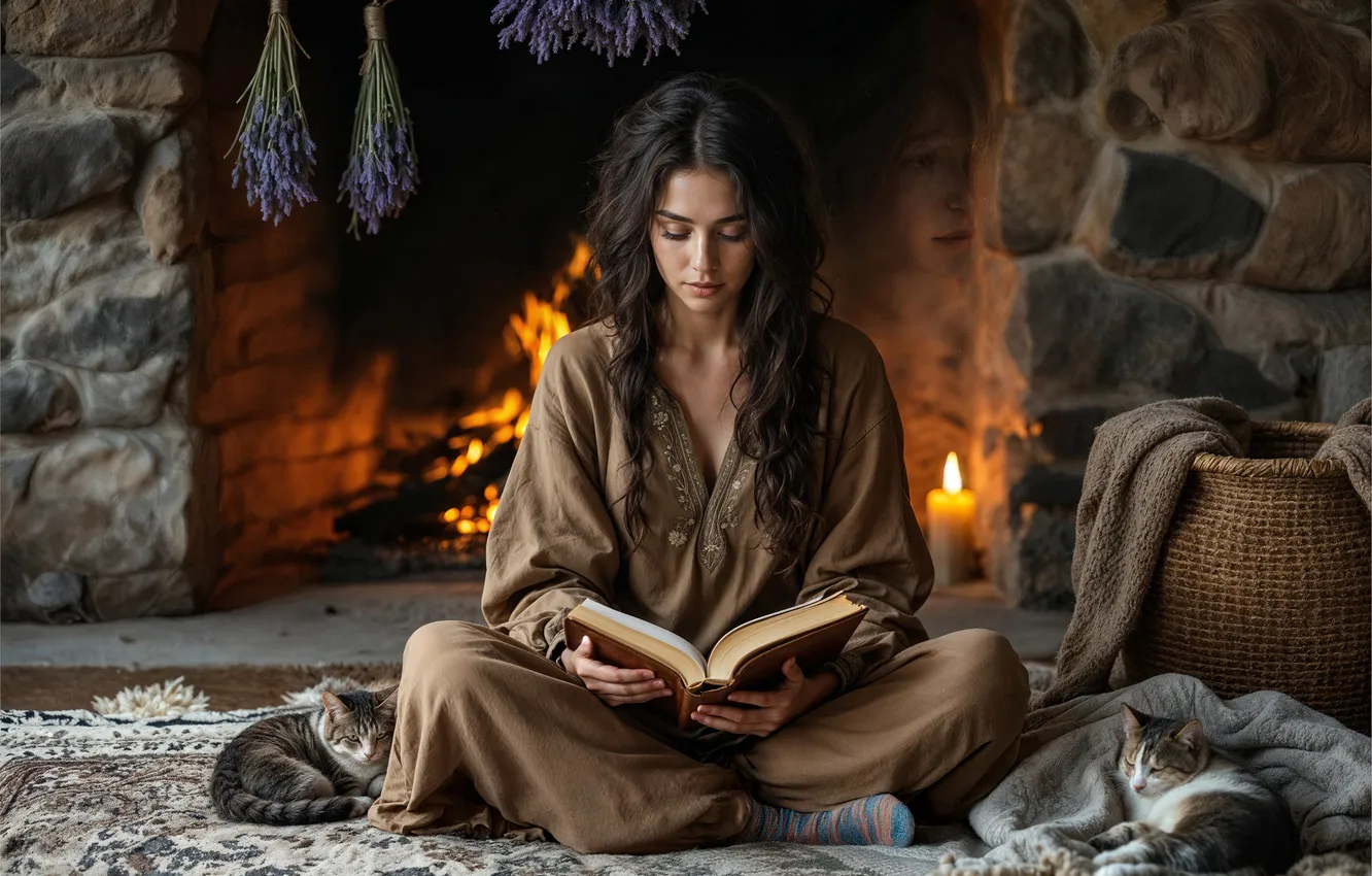 Photo wallpaper cat, cat, girl, lights, pose, comfort, stones, heat