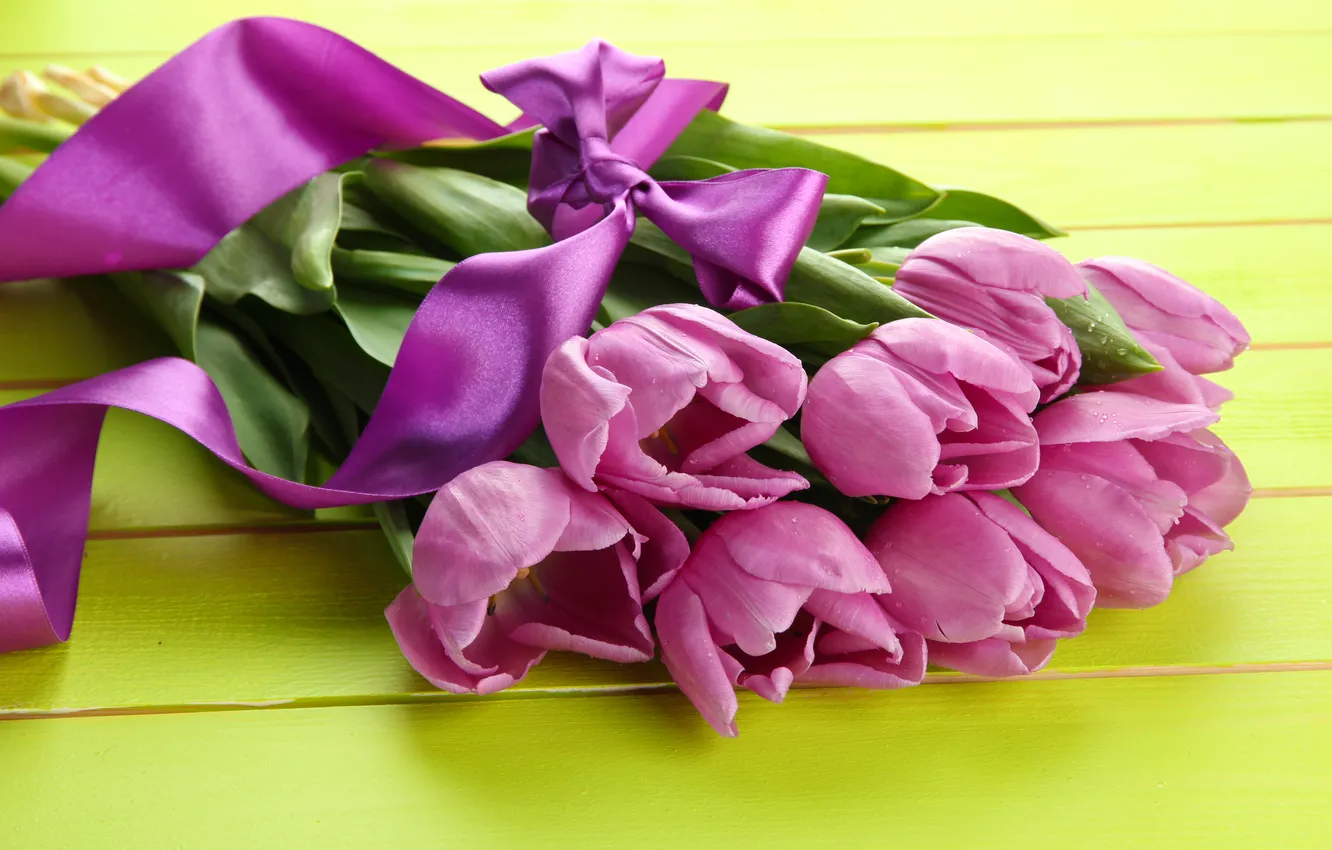 Photo wallpaper flowers, bouquet, tape, tulips, pink, wood, pink, flowers