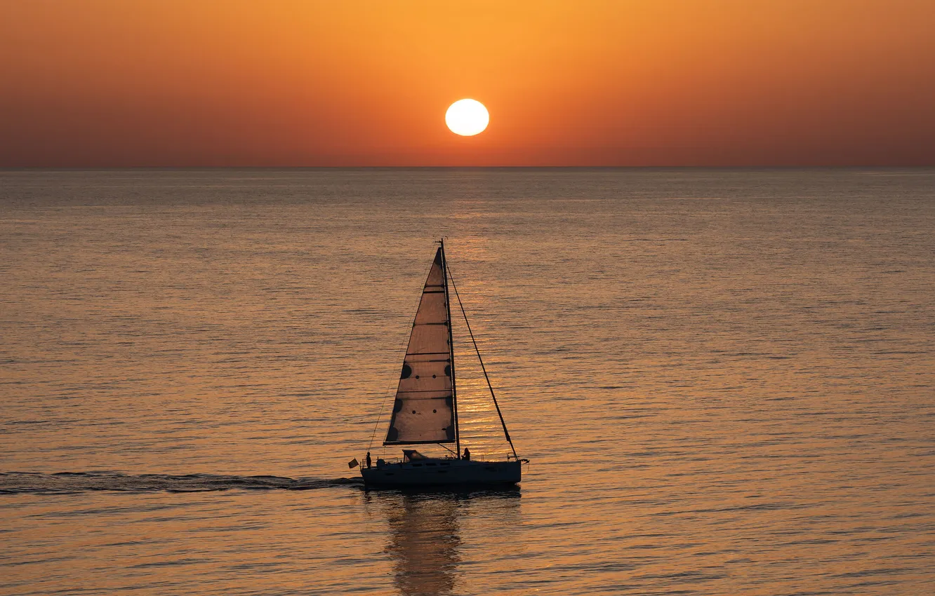 Photo wallpaper sea, the sun, sunset, the way, movement, the ocean, boat, the evening