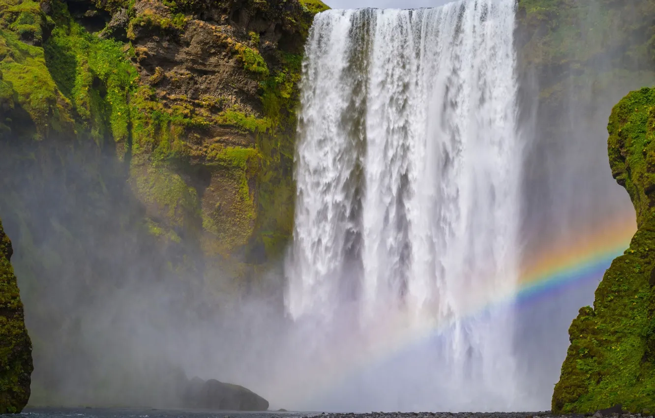 Photo wallpaper element, waterfall, rainbow, stream, Iceland, Skogarfoss