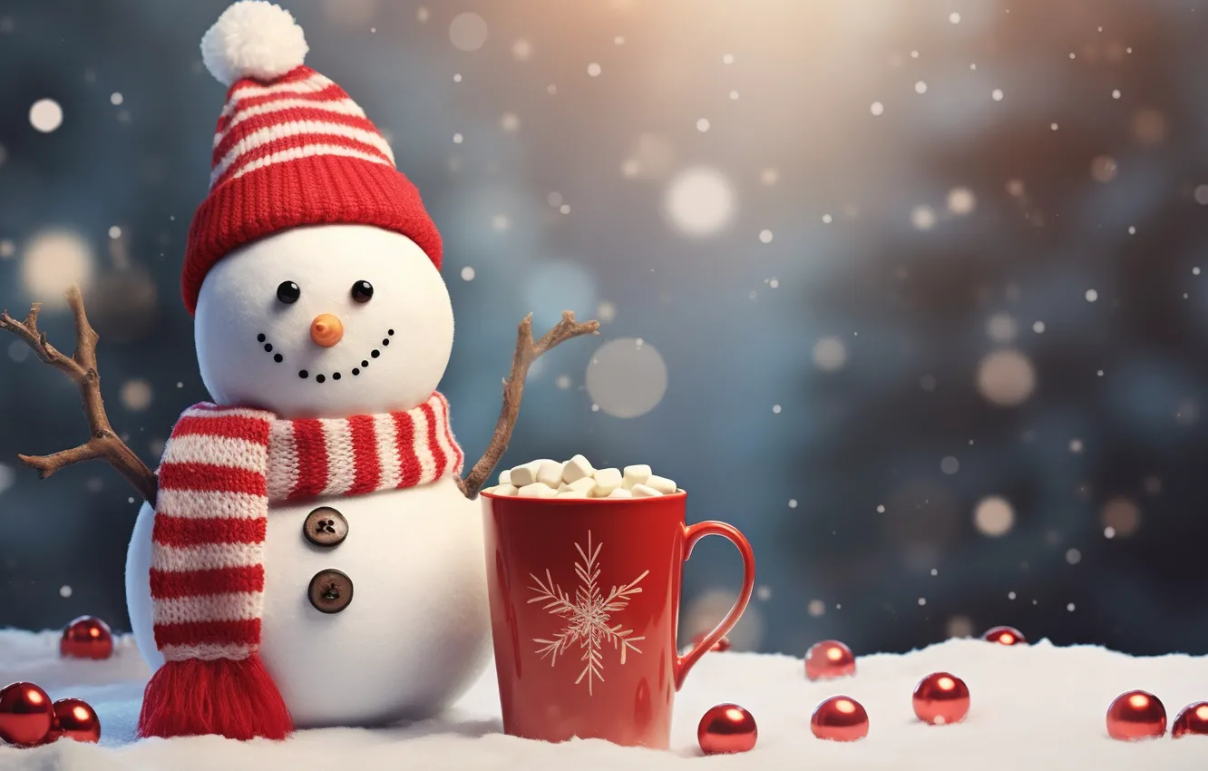Photo wallpaper winter, snow, new year, Christmas, snowman, Christmas, balls, winter
