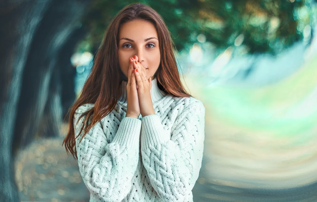 Photo wallpaper girl, brunette, art, sweater, manicure, Portet, Alexander Grozovsky
