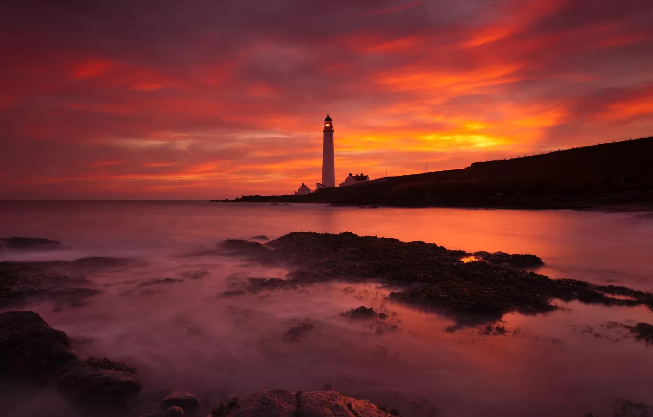 Photo wallpaper beach, stones, the ocean, dawn, lighthouse, Scotland, Angus