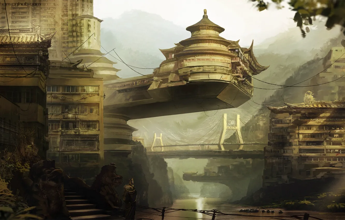 Photo wallpaper mountains, bridge, the city, river, structure, Asian city concept