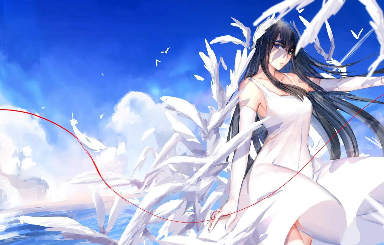 Photo wallpaper girl, clouds, birds, anime, feathers, art, thread, allenkung1