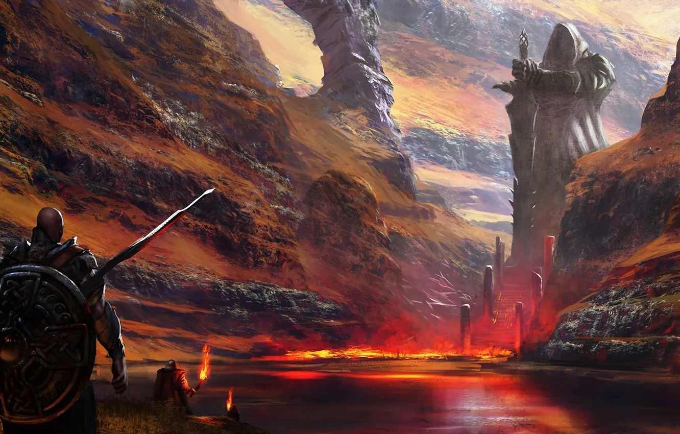 Photo wallpaper water, mountains, lake, rocks, sword, warrior, art, stage