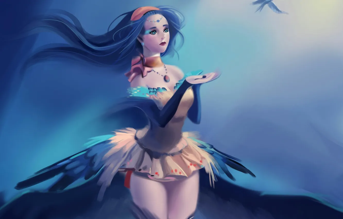 Photo wallpaper freedom, girl, bird, feathers