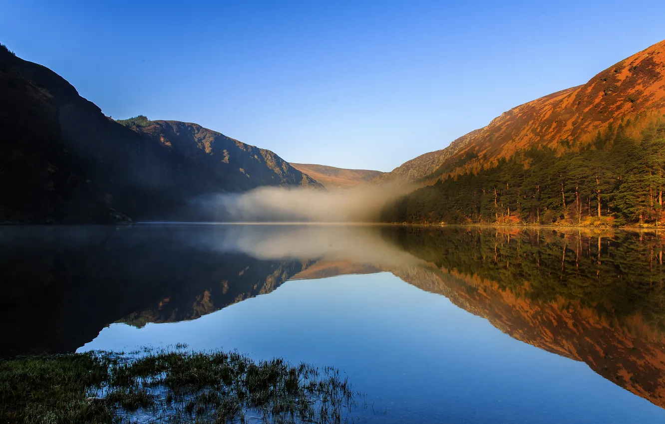 Photo wallpaper the sky, trees, mountains, fog, lake, morning