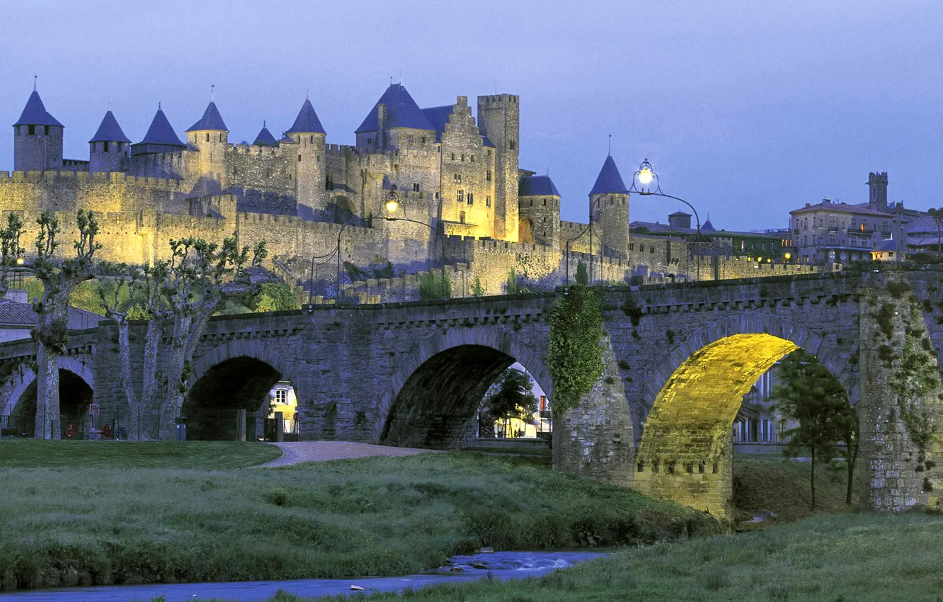 Photo wallpaper the sky, bridge, the city, lights, river, castle, France, tower