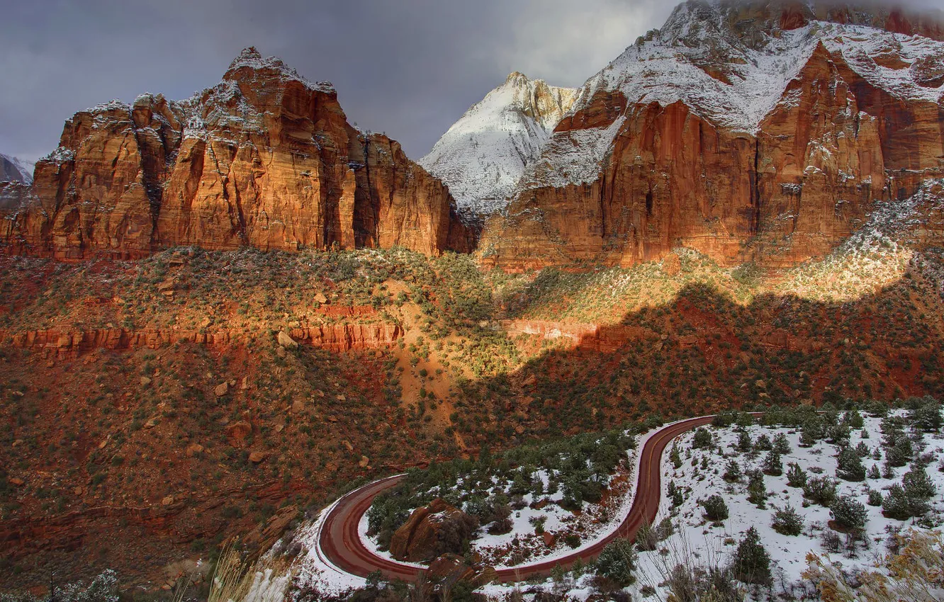Photo wallpaper winter, road, the sky, snow, sunset, canyon, tree