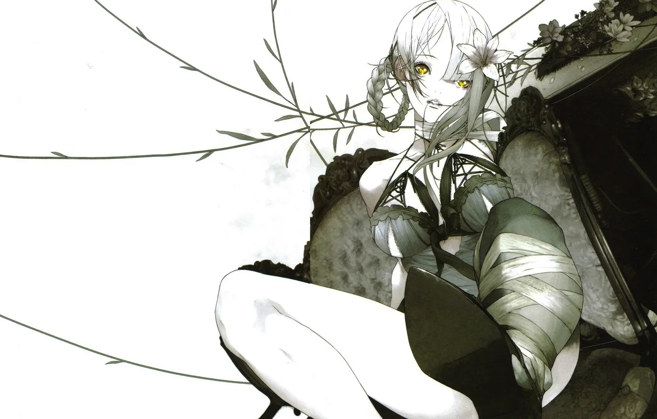 Photo wallpaper leaves, girl, flowers, branches, chair, shoes, tape, sitting