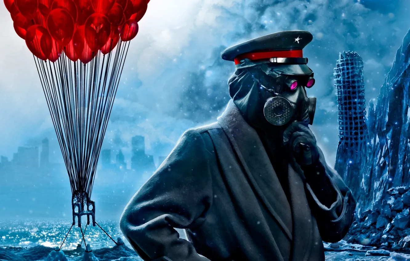 Photo wallpaper balloons, art, chair, gas mask, captain, ice, ruins, brooding