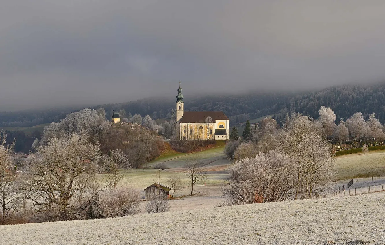 Photo wallpaper frost, snow, Germany, slope, Bayern, Church, Ruhpolding