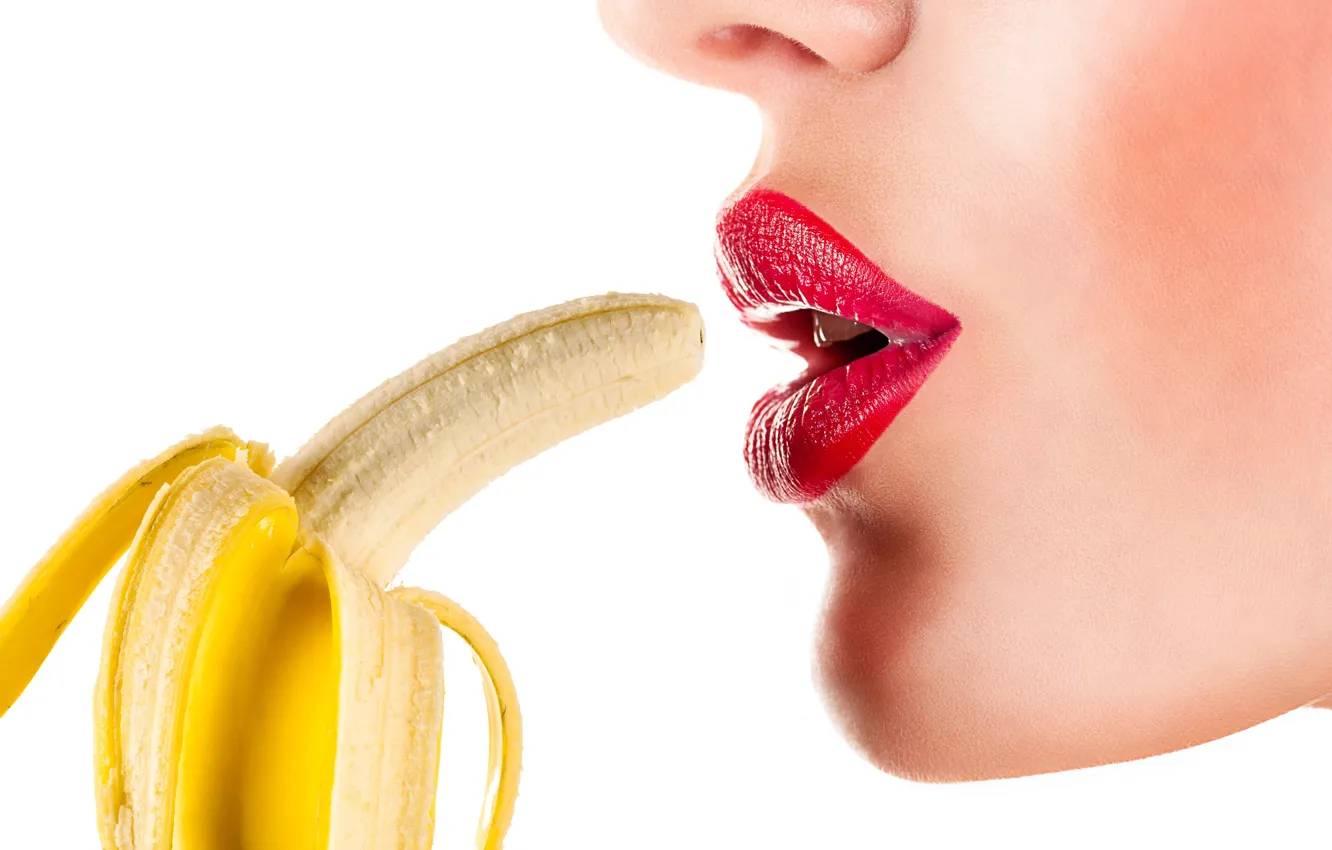 Photo wallpaper girl, lips, bananas, lips, banana, closeup