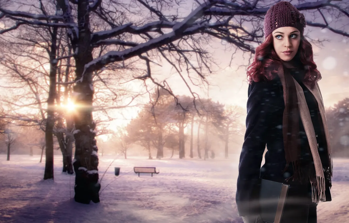 Photo wallpaper winter, girl, the sun, snow, trees, nature, background, fiction