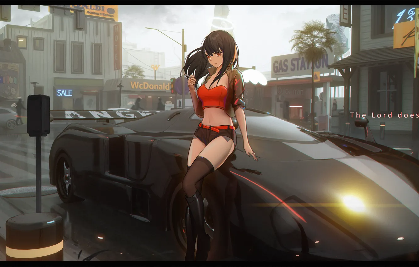 Photo wallpaper Girl, Future, Pose, Car, Shorts, Cigarette, Cyberpunk, Signs