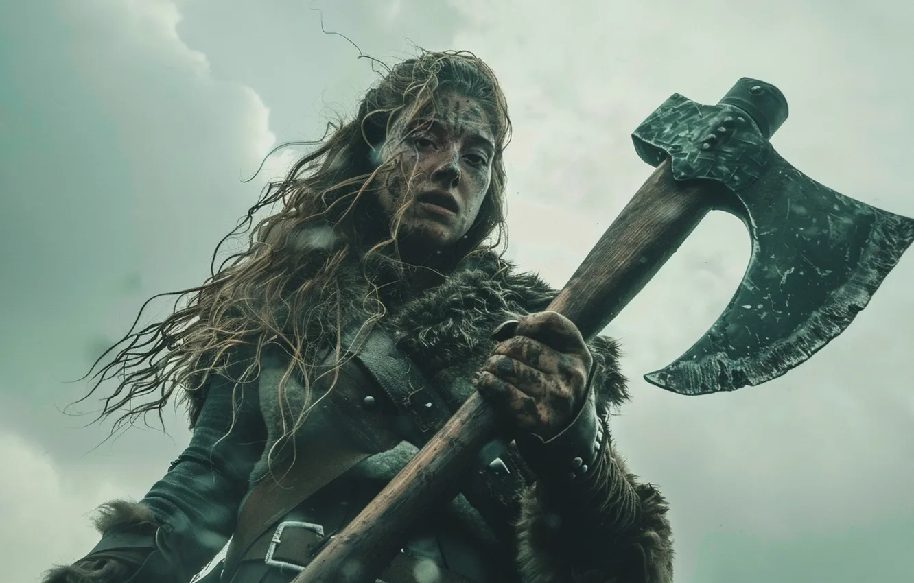 Photo wallpaper Girl, Look, Hair, Axe, Warrior, Viking, Digital art, AI art
